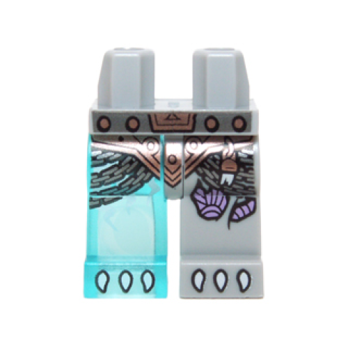 Деталь LEGO 970d25pb02 Hips and 1 Light Bluish Gray Left Leg, 1 Trans-Light Blue Right Leg with Copper Armor, Chains, Purple Sinew Patches and Gray Talons Pattern