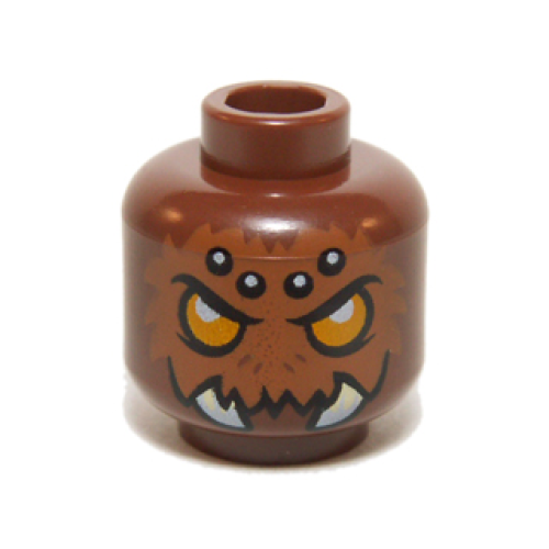 Деталь LEGO 3626pb1081 Minifigure, Head Alien Chima Spider with Bright Light Orange Eyes, Dark Orange Fur, Black and White Spots on Forehead, and White Fangs Pattern