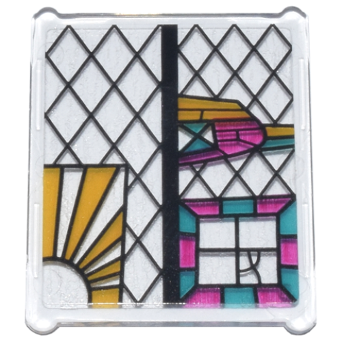 Деталь LEGO 51266pb010 Glass for Window 1 x 3 x 3 Flat Front with Black, Bright Light Orange, Dark Turquoise, and Magenta Stained Glass Pattern 2 (Sticker) - Set 76437