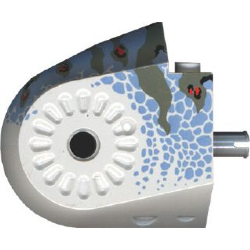 Деталь LEGO 40374pb02 Dinosaur Body Quarter with Pins with Black, Dark Gray, Red, and Sand Blue Markings Pattern