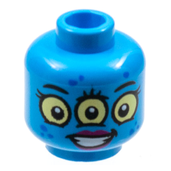 Minifigure, Head Alien Female with Black Eyebrows and Eyelashes, 3 Bright Light Yellow Eyes, Blue Spots, Magenta Lips, Open Mouth Smile with Teeth Pattern