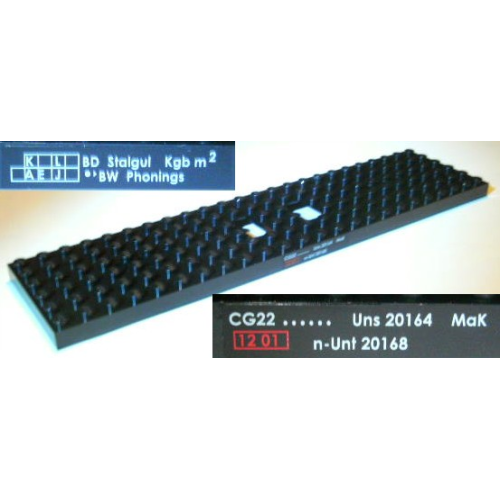 Деталь LEGO 6584apb03 Train Base 6 x 24 with 3 Round Holes Each End with 'BD Stalgul Kgb m² BW Phonings' and 'CG22 Uns 20164 MaK n-Unt 20168' Pattern (Stickers) - Set 7898
