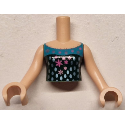 Torso Mini Doll Girl Dark Turquoise and Dark Green Halter Top with Dark Pink and Metallic Pink Snowflakes and Metallic Light Blue Dots Pattern, Light Nougat Arms with Hands