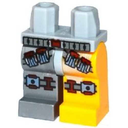 Деталь LEGO 970d27pb01 Hips and 1 Bright Light Orange Left Leg, 1 Flat Silver Right Leg with Dark Red and Gray Straps with Pouches and Belt Pattern