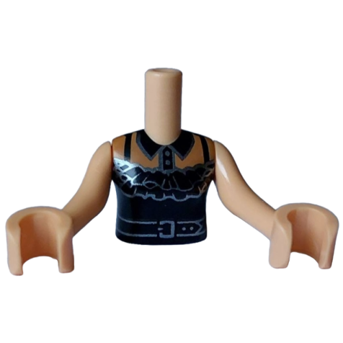 Деталь LEGO FTGpb488c01 Torso Mini Doll Girl Black Halter Top with Silver Belt and Ruffles over Medium Nougat Shirt with Collar and Buttons Pattern, Medium Tan Arms with Hands