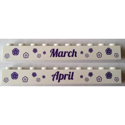 Деталь LEGO 6111pb016 Brick 1 x 10 with Dark Purple 'March' and 'April' Pattern on Opposite Sides