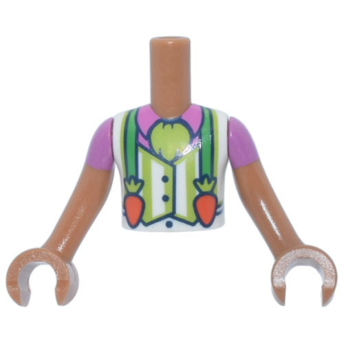 Деталь LEGO FTBpb148c01 Torso Mini Doll Boy Lime and White Striped Vest over Dark Pink Shirt, Bright Green Suspenders with Carrot Clasps Pattern, Medium Nougat Arms with Hands with Dark Pink Short Sleeves