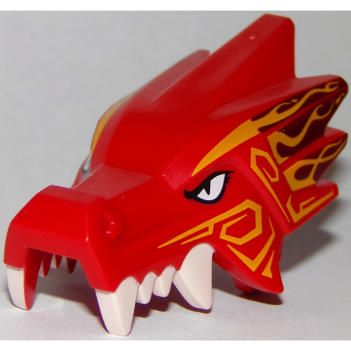 Деталь LEGO 65428pb01 Dragon Head (Ninjago) Jaw Upper with Four White Teeth per Side with White Eyes and Bright Light Orange and Dark Red Markings Pattern
