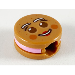 Minifigure, Head, Modified Cookie Shape with Reddish Brown Eyes, Bright Pink Frosting, White Eyebrows and Mouth, Red Lips Pattern (Gingerbread Woman)