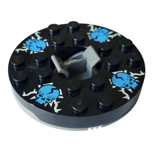 Деталь LEGO 92549c02pb04 Turntable 6 x 6 x 1 1/3 Round Base with Black Top with Blue Skulls on White Pattern (Ninjago Spinner)