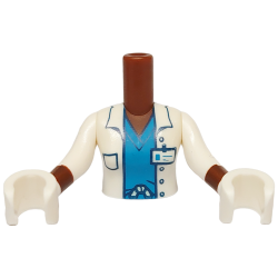 Torso Mini Doll Woman White Jacket with Dark Blue Pocket and ID Badge over Dark Azure Scrubs Pattern, White Arms with Hands with Reddish Brown Wrists