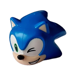 Minifigure, Head, Modified Hedgehog, Sonic with Molded Light Nougat Face and Inner Ears and Printed Bright Green Eye Right and Wink Left on White Background, Black Nose and Open Mouth Smile with Teeth to Left Pattern