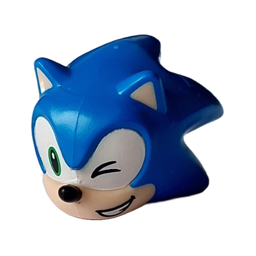 Деталь LEGO 27456pb04 Minifigure, Head, Modified Hedgehog, Sonic with Molded Light Nougat Face and Inner Ears and Printed Bright Green Eye Right and Wink Left on White Background, Black Nose and Open Mouth Smile with Teeth to Left Pattern