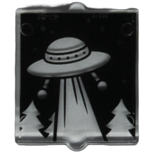 Деталь LEGO 60601pb050 Glass for Window 1 x 2 x 2 Flat Front with Retro UFO with Beam and Trees on Black Background Pattern