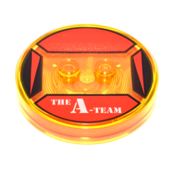 Dimensions Toy Tag 4 x 4 x 2/3 with 2 Studs and Trans-Orange Bottom with White 'THE A-TEAM' on Red Background Pattern (B.A Baracus) Dimensions Toy Tag 4 x 4 x 2/3 with 2 Studs and Trans-Orange Bottom with White 'THE A-TEAM' on Red Background Pattern (B.A Baracus)