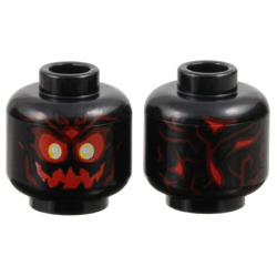 Minifigure, Head Alien Skull with Red Eyes and Jagged Mouth, White and Yellow Pupils, Dark Red Contours Pattern