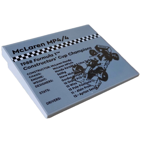 Деталь LEGO 4515pb081 Slope 10 6 x 8 with Black and White Checkered Bar, 'McLaren MP4/4' Image and '1988 Formula 1™ Constructors' Cup Champions' Pattern (Sticker) - Set 10330
