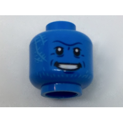 Minifigure, Head Alien with Black Eyes, Medium Azure Scars and Stubble, Dark Blue Forehead Crease and Dimples, Open Mouth Smile with White and Silver Teeth Pattern