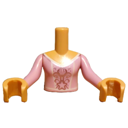 Torso Mini Doll Girl Bright Pink Dress Top with Metallic Pink Shell, Stars, Filigree and Lines Pattern, Medium Tan Arms with Hands with Bright Pink Long Sleeves with White Drops