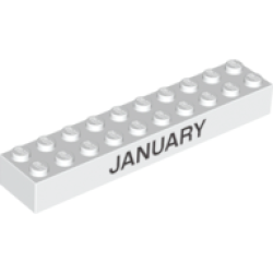 Brick 2 x 10 with Black 'JANUARY' and 'FEBRUARY' Pattern on Opposite Sides Brick 2 x 10 with Black 'JANUARY' and 'FEBRUARY' Pattern on Opposite Sides