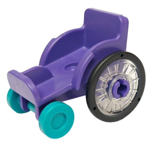 Деталь LEGO 2135c02 Mini Doll, Utensil Wheelchair with Trans-Clear Wheelchair Wheels with Technic Pin Hole and Dark Turquoise Trolley Wheels (2135 / 80441pb01 / 2496)