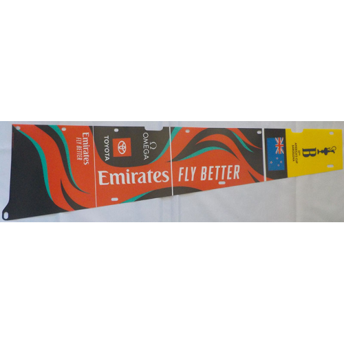 Деталь LEGO 42174pls02a Plastic Part for Set 42174 - Mainsail with Omega, 37th America's Cup Barcelona, Toyota and Emirates Fly Better Logos and New Zealand Flag on Black, Red, Dark Turquoise and Yellow Background Left Pattern