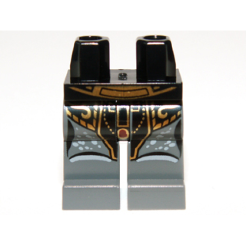 Деталь LEGO 970c85pb05 Hips and Dark Bluish Gray Legs with Curved Belt, Black Loincloth Armor with Gold Filigree and Trim, Light Bluish Gray Knees and Spots Pattern