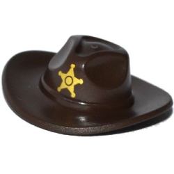 Minifigure, Headgear Hat, Very Wide Brim, Outback Style (Fedora) with Gold Sheriff Star Pattern