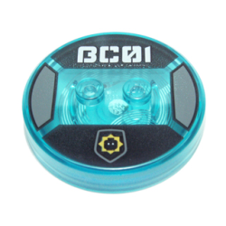 Dimensions Toy Tag 4 x 4 x 2/3 with 2 Studs and Trans-Light Blue Bottom with Minifigure Head in Yellow Star Badge and Stylized White 'BC01' on Black Background Pattern (Bad Cop)