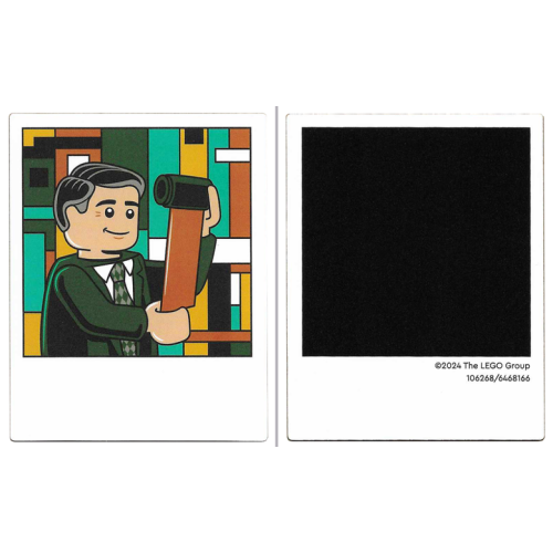 Деталь LEGO 106268 Plastic Polaroid Photo with Minifigure with Dark Green Suit, Checkered Tie, and Black Hair, Film Roll and Black Square on Back Pattern