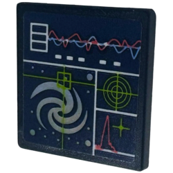 Road Sign 2 x 2 Square with Open O Clip with Screen with Iridescent Mirrored Galaxy and Dots, Bright Light Blue, Coral and Lime Radar, Target and Graphs on Dark Blue Background Pattern (Sticker) - Set 41713