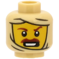 Minifigure, Head Alien Mummy with Yellow Face, Reddish Brown Thick Eyebrows, Moustache, Open Mouth with Teeth, Wrappings Pattern