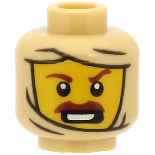 Деталь LEGO 3626pb2701 Minifigure, Head Alien Mummy with Yellow Face, Reddish Brown Thick Eyebrows, Moustache, Open Mouth with Teeth, Wrappings Pattern