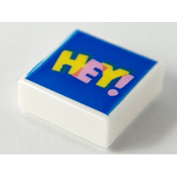 Tile 1 x 1 with Bright Pink and Yellow 'HEY!' on Blue Background Pattern