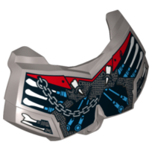 Деталь LEGO 98603pb018 Large Figure Chest Armor Small with 6 White Bones, Dark Azure Pistons, and Silver Chain on Red and Silver Armor Plating Pattern