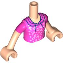 Torso Mini Doll Girl Dark Pink Hoodie with Bright Pink Rosettes Pattern, Light Nougat Arms with Hands with Dark Pink Short Sleeves