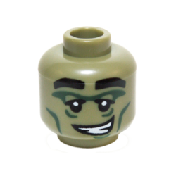 Minifigure, Head Alien with Black Eyebrows, Dark Green Eye and Cheek Lines, Crooked Smile with Teeth Pattern