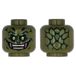Minifigure, Head Alien with Lizard Dark Green Scales, Lime Eyes, Dark Pink Fangs, Black Eyebrows and Mouth, Open Smile with White Bared Teeth Pattern