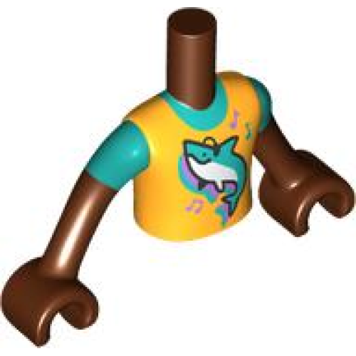 Деталь LEGO FTBpb094c01 Torso Mini Doll Boy Bright Light Orange Shirt with Shark and Music Notes Pattern, Reddish Brown Arms with Hands with Dark Turquoise Short Sleeves