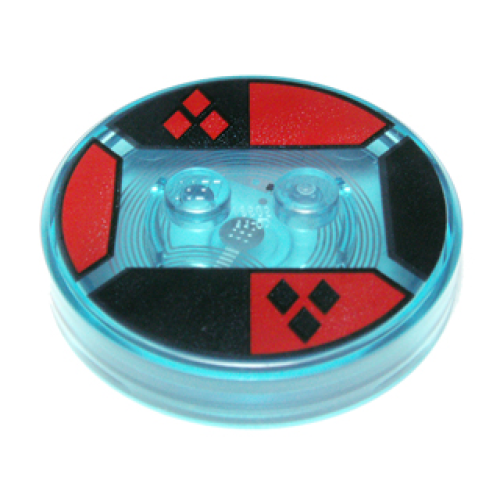 Деталь LEGO 18605c01pb10 Dimensions Toy Tag 4 x 4 x 2/3 with 2 Studs and Trans-Light Blue Bottom with Black and Red Diamonds on Halves Background Pattern (Harley Quinn)