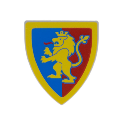 Minifigure, Shield Triangular Short with Yellow Lion with Raised Foot on Blue and Red Background with Border Pattern Minifigure, Shield Triangular Short with Yellow Lion with Raised Foot on Blue and Red Background with Border Pattern