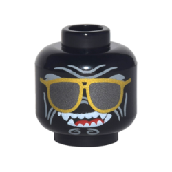 Minifigure, Head Alien with Gold Sunglasses with Dark Silver Lenses, Light Bluish Gray Cheek Lines, Chin Swirls and Forehead Creases, Open Mouth Smile with Sharp Teeth Parted and Red Tongue Pattern