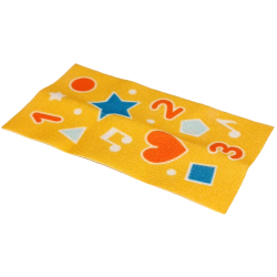 Duplo, Cloth Play Rug 5 x 9 cm with Blue Star and Square, White Music Notes and Dots, Light Aqua Triangle and Prisma, Coral Circle, Heart and Numbers 1, 2, 3 on Yellow Background Pattern Duplo, Cloth Play Rug 5 x 9 cm with Blue Star and Square, White Music Notes and Dots, Light Aqua Triangle and Prisma, Coral Circle, Heart and Numbers 1, 2, 3 on Yellow Background Pattern