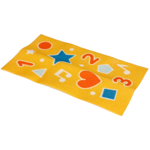 Деталь LEGO 103669pb04 Duplo, Cloth Play Rug 5 x 9 cm with Blue Star and Square, White Music Notes and Dots, Light Aqua Triangle and Prisma, Coral Circle, Heart and Numbers 1, 2, 3 on Yellow Background Pattern