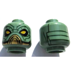 Minifigure, Head Alien SW Kyuzo with Large Yellow Eyes, Black Eye Shadow, Gold Mouth Cover, Dark Green Wrinkles and Lines on Back Pattern