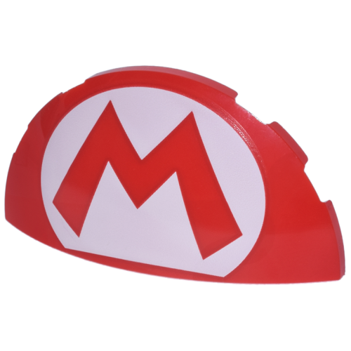 Деталь LEGO 6957pb02 Brick, Round 3 x 6 x 1 Dome Half with Super Mario Logo Capital Letter M on White Oval Pattern