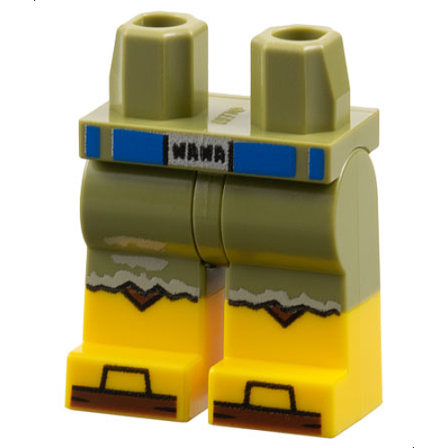 Деталь LEGO 970c00pb1697 Hips and Legs with Molded Yellow Lower Legs / Boots and Printed Blue Belt with 'NANA' on Silver Buckle, Black and Reddish Brown Knee Pads and Toes and Tan Spots Pattern