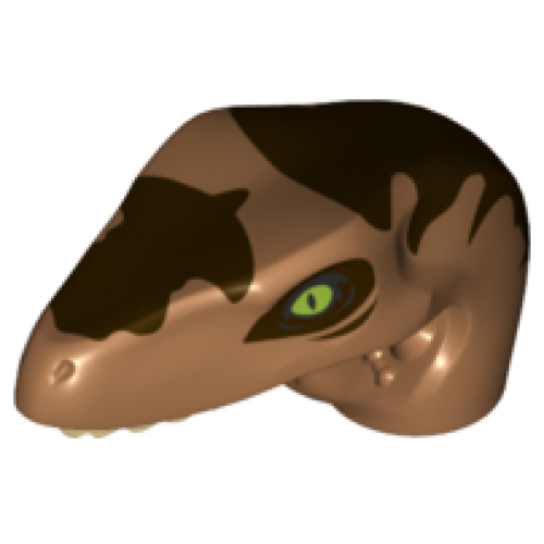 Деталь LEGO 98065pb07 Dinosaur Head Raptor with Pin Hole with Tan Teeth and Dark Brown Markings Pattern