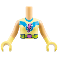 Torso Mini Doll Girl Bright Light Yellow Superhero Costume, Dark Azure Collar and Stripe, Dark Pink Lightning Exclamation Mark, Lime Utility Belt Pattern, Medium Tan Arms with Bright Light Yellow Hands / Gloves