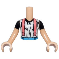 Torso Mini Doll Boy White Shirt with Black Stripes, Coral Suspenders and Dark Azure Belt Pattern, Medium Tan Arms with Hands with Black Short Sleeves